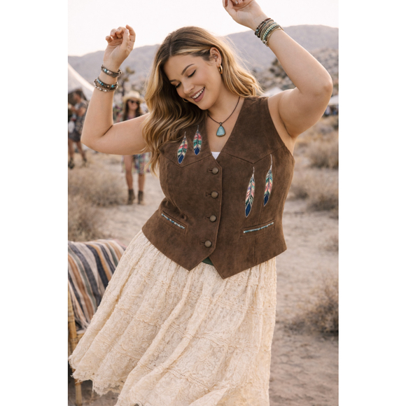 Wanted Jackets & Blazers - Wanted Genuine Leather Feather Appliqué Vest Western Festival Large